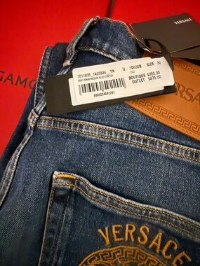 Versace Men's Dark Blue Slim Straight Denim Jeans with Gold Embroidery